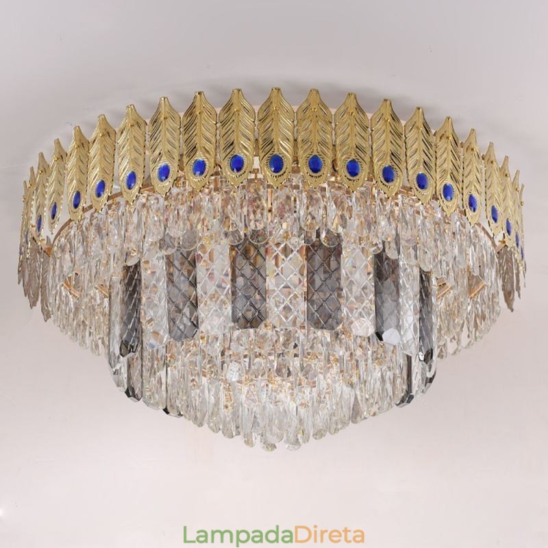 Cristal Flush Mount redondo galvanizado Phoenix Tail ouro luxo decorativo luz de teto