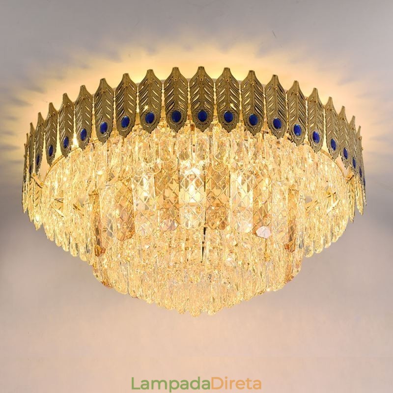 Cristal Flush Mount redondo galvanizado Phoenix Tail ouro luxo decorativo luz de teto