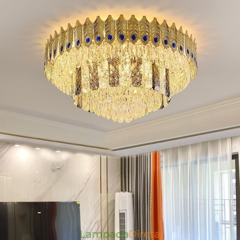 Cristal Flush Mount redondo galvanizado Phoenix Tail ouro luxo decorativo luz de teto