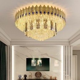 Cristal Flush Mount redondo galvanizado Phoenix Tail ouro luxo decorativo luz de teto