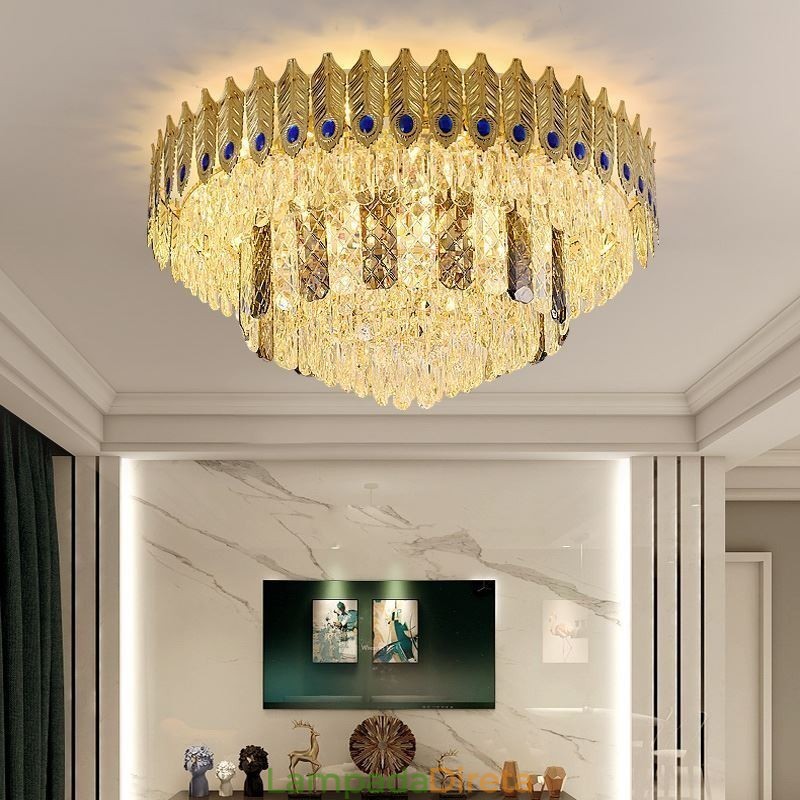 Cristal Flush Mount redondo galvanizado Phoenix Tail ouro luxo decorativo luz de teto
