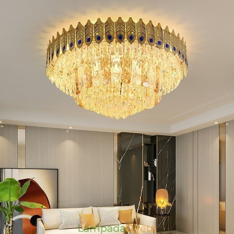 Cristal Flush Mount redondo galvanizado Phoenix Tail ouro luxo decorativo luz de teto