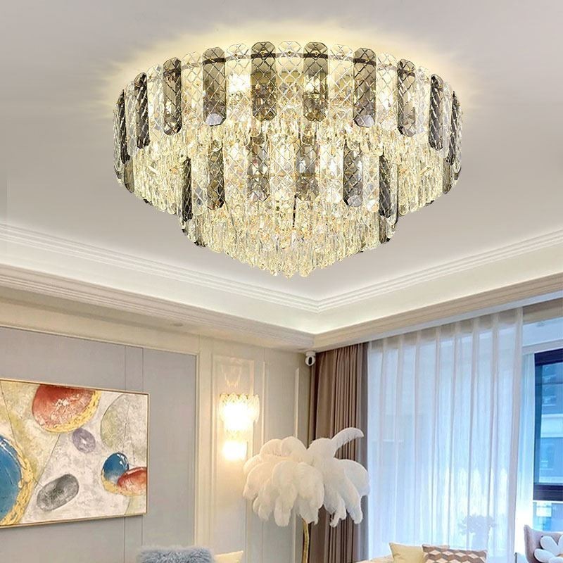 Luminária de teto decorativa de luxo redonda de camada dupla de montagem embutida de cristal 80 cm