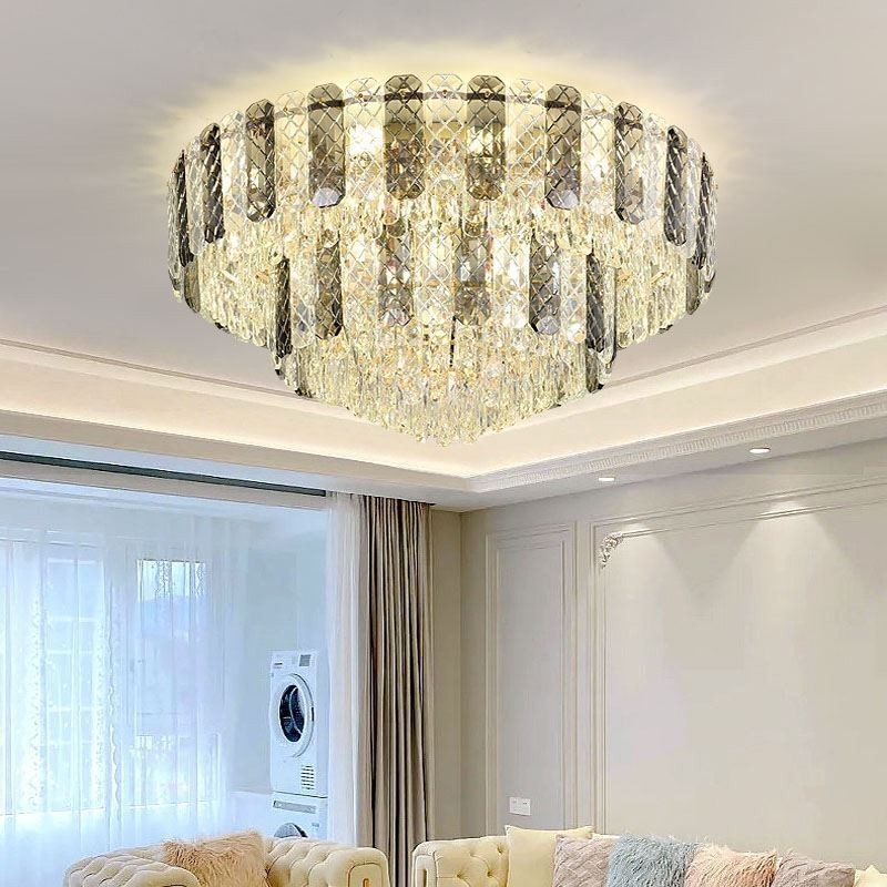 Luminária de teto decorativa de luxo redonda de camada dupla de montagem embutida de cristal 80 cm