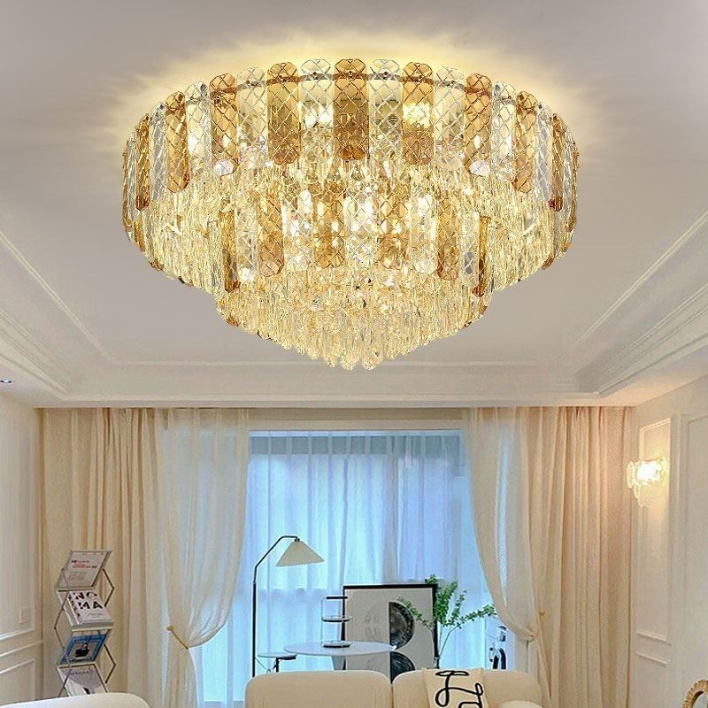 Luminária de teto decorativa de luxo redonda de camada dupla de montagem embutida de cristal 80 cm