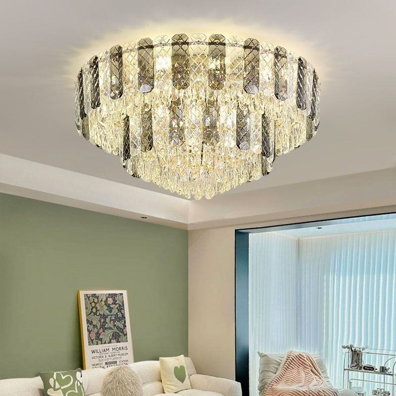 Luminária de teto decorativa de luxo redonda de camada dupla de montagem embutida de cristal 80 cm
