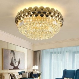 Luminária de teto decorativa de luxo em ouro galvanizado redondo com montagem embutida de cristal 80 cm