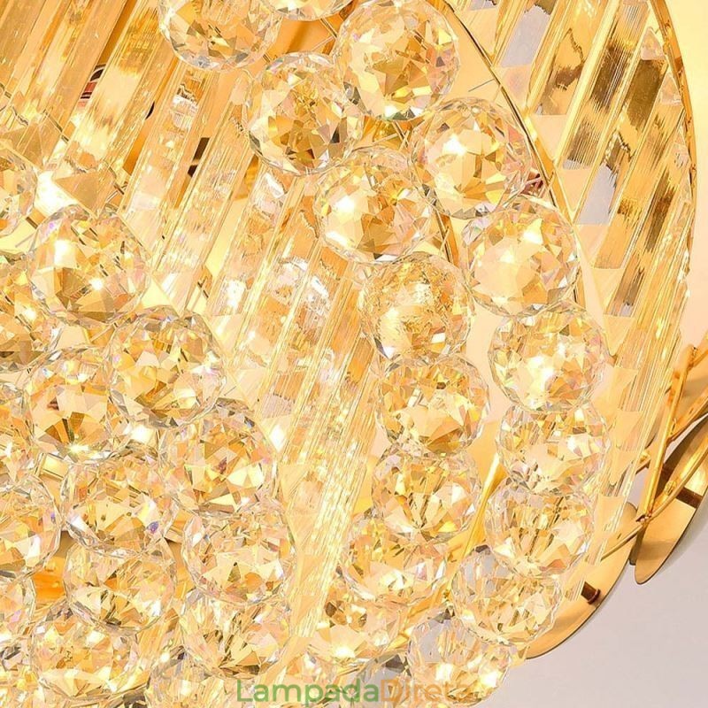Luminária de teto decorativa de luxo em ouro galvanizado redondo com montagem embutida de cristal 80 cm