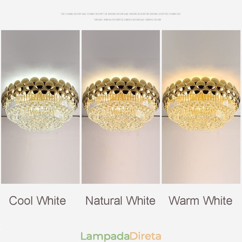 Luminária de teto decorativa de luxo em ouro galvanizado redondo com montagem embutida de cristal 80 cm
