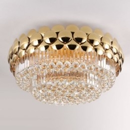 Luminária de teto decorativa de luxo em ouro galvanizado redondo com montagem embutida de cristal 80 cm