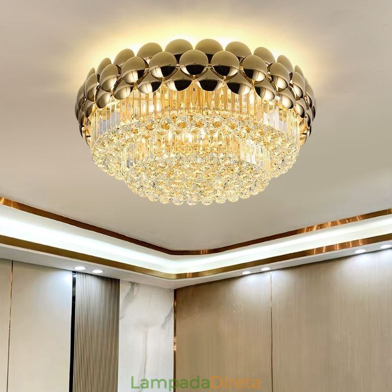 Luminária de teto decorativa de luxo em ouro galvanizado redondo com montagem embutida de cristal 80 cm