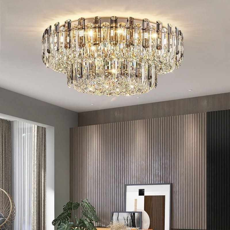Luminária de teto de cristal redonda com decoração embutida em cinza esfumaçado