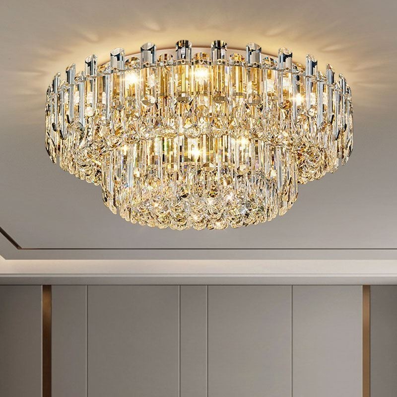 Luminária de teto de cristal de luxo embutida redonda com decoração de cristal