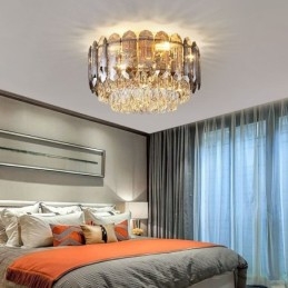 Luminária de teto de cristal redonda cinza esfumaçado para decoração embutida em cristal