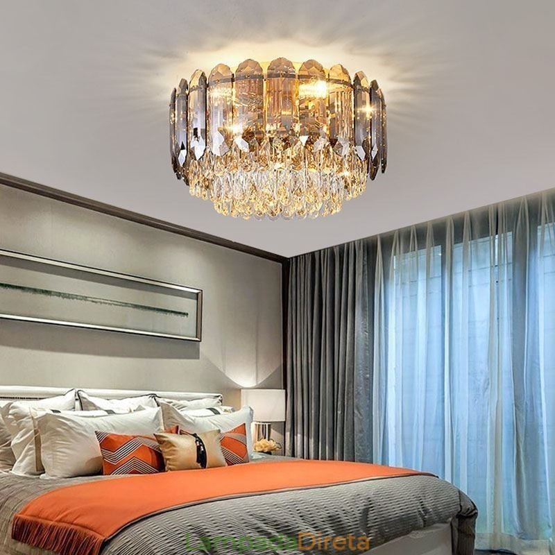 Luminária de teto de cristal redonda cinza esfumaçado para decoração embutida em cristal