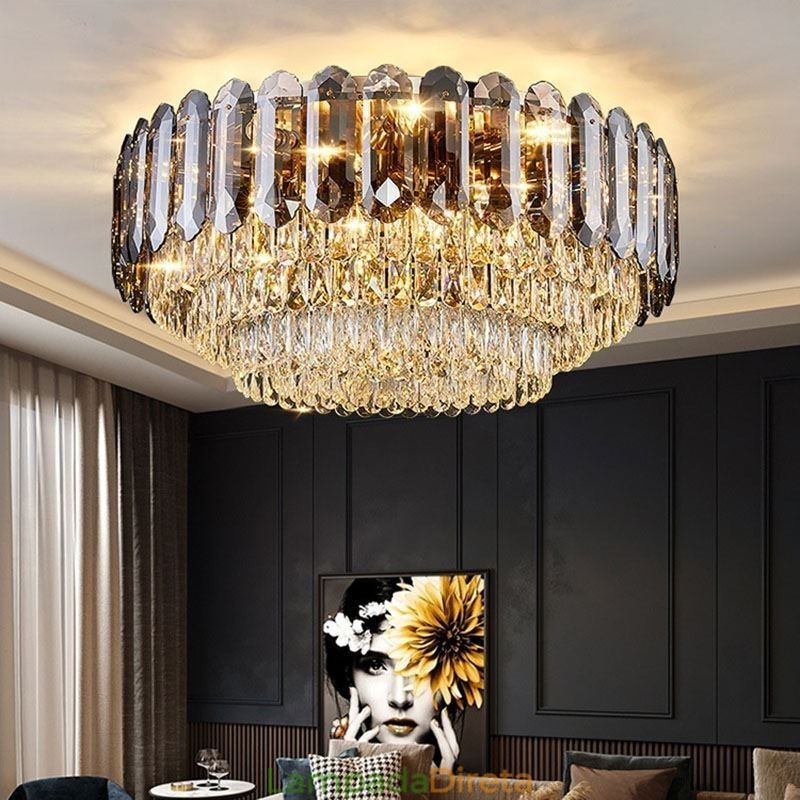 Luminária de teto de cristal redonda cinza esfumaçado para decoração embutida em cristal