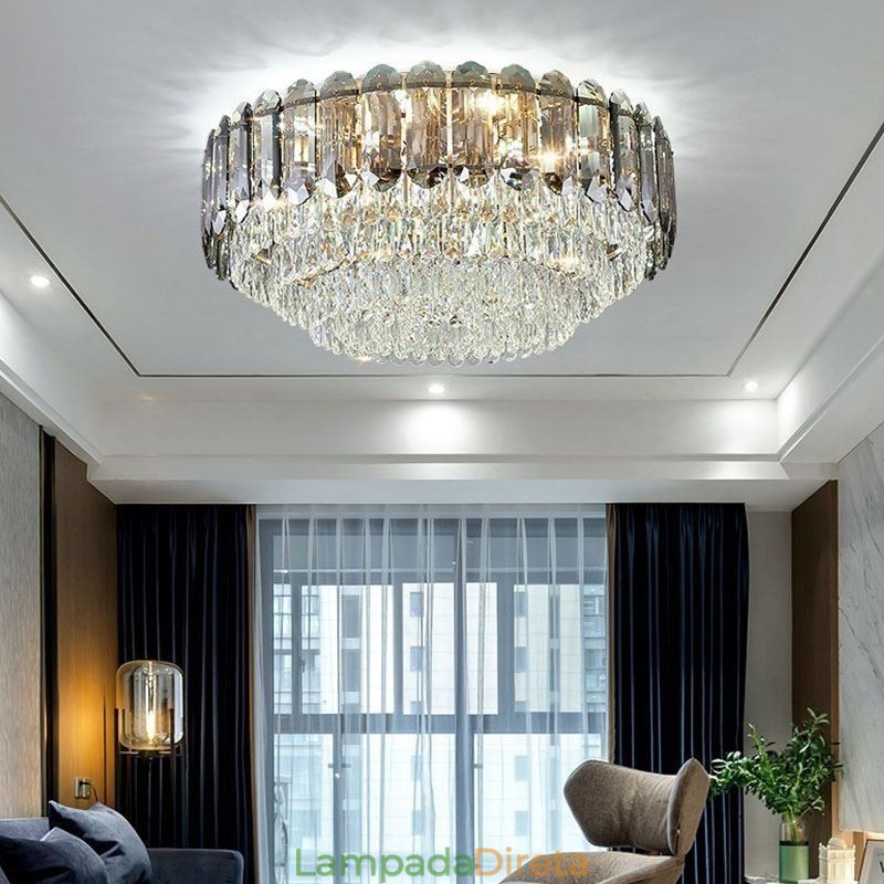 Luminária de teto de cristal redonda cinza esfumaçado para decoração embutida em cristal