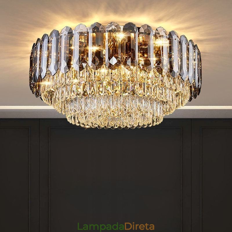 Luminária de teto de cristal redonda cinza esfumaçado para decoração embutida em cristal