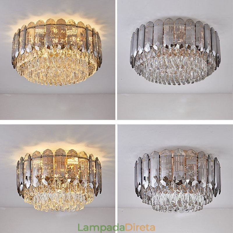 Luminária de teto de cristal redonda cinza esfumaçado para decoração embutida em cristal