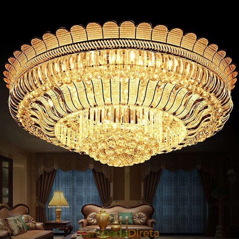 Luminária de teto de cristal de luxo, iluminação redonda embutida dourada