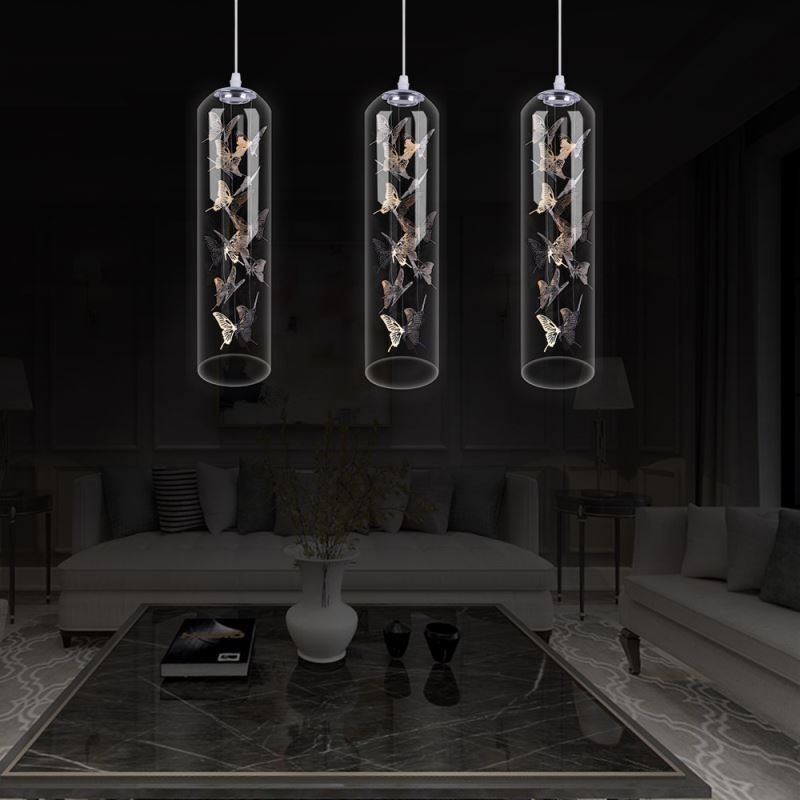 Luminária pendente de vidro, lâmpada criativa nórdica de cilindro, luz de borboleta