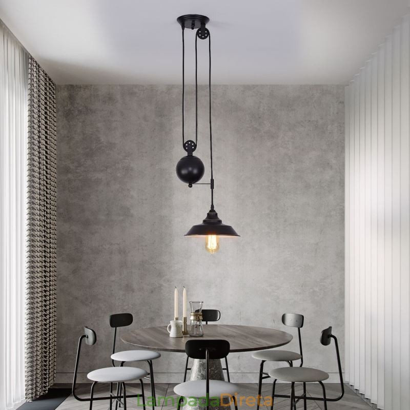 Luminária pendente de polia de fazenda industrial com design retrátil e altura ajustável