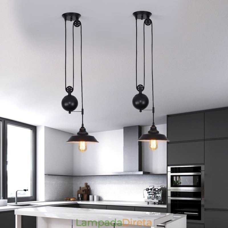 Luminária pendente de polia de fazenda industrial com design retrátil e altura ajustável