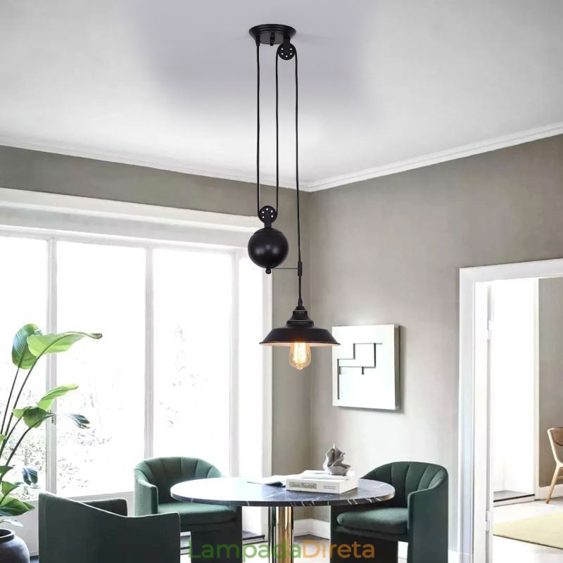 Luminária pendente de polia de fazenda industrial com design retrátil e altura ajustável