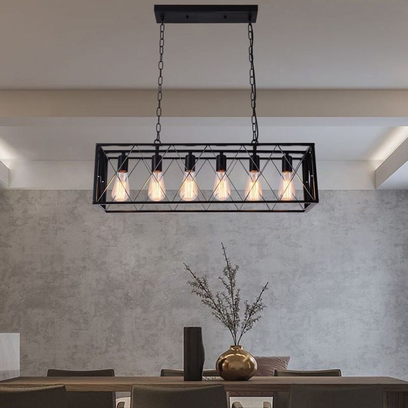Luminária pendente retangular rústica 6 luzes luz de fazenda pendurada