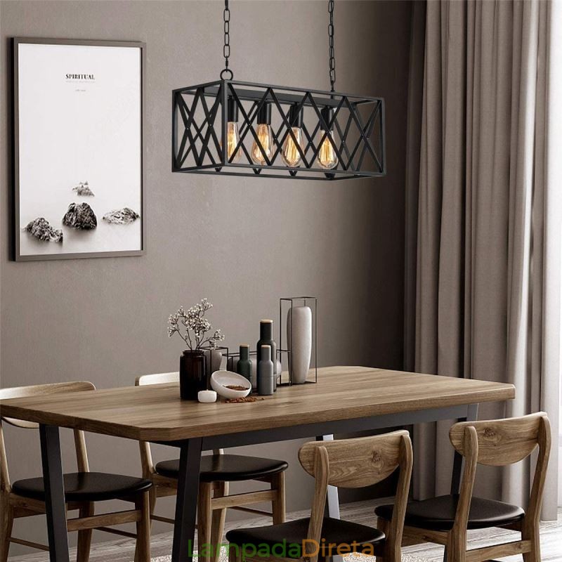 Luminária pendente retangular rústica 4 luzes luz suspensa estilo fazenda