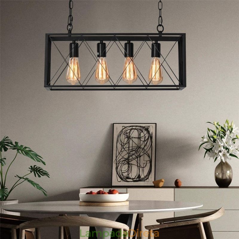 Luminária pendente retangular rústica 4 luzes luz suspensa estilo fazenda