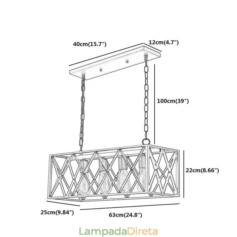 Luminária pendente retangular rústica 4 luzes luz suspensa estilo fazenda