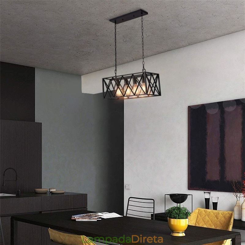 Luminária pendente retangular rústica 4 luzes luz suspensa estilo fazenda