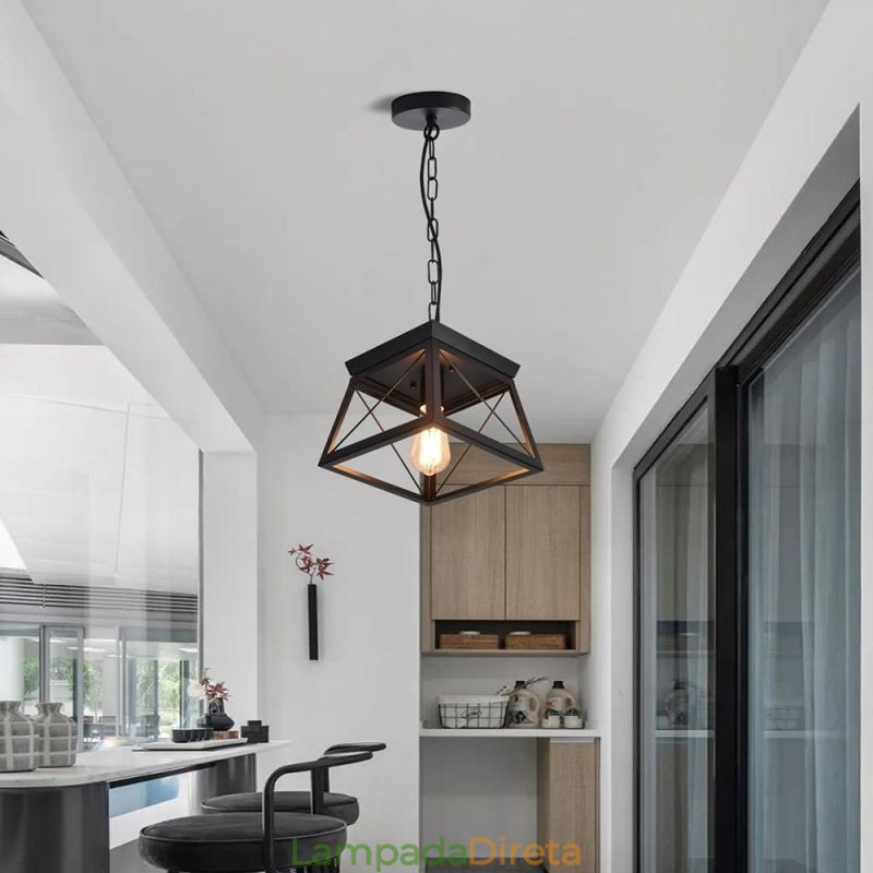 Luminária pendente trapezoidal vintage em metal preto, luminária de teto