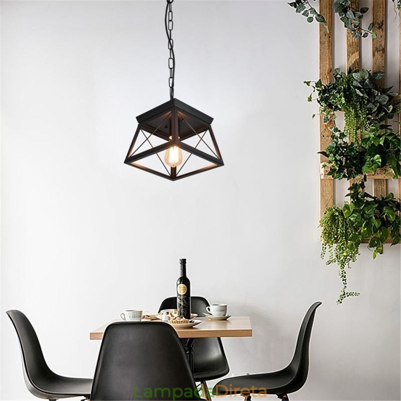 Luminária pendente trapezoidal vintage em metal preto, luminária de teto