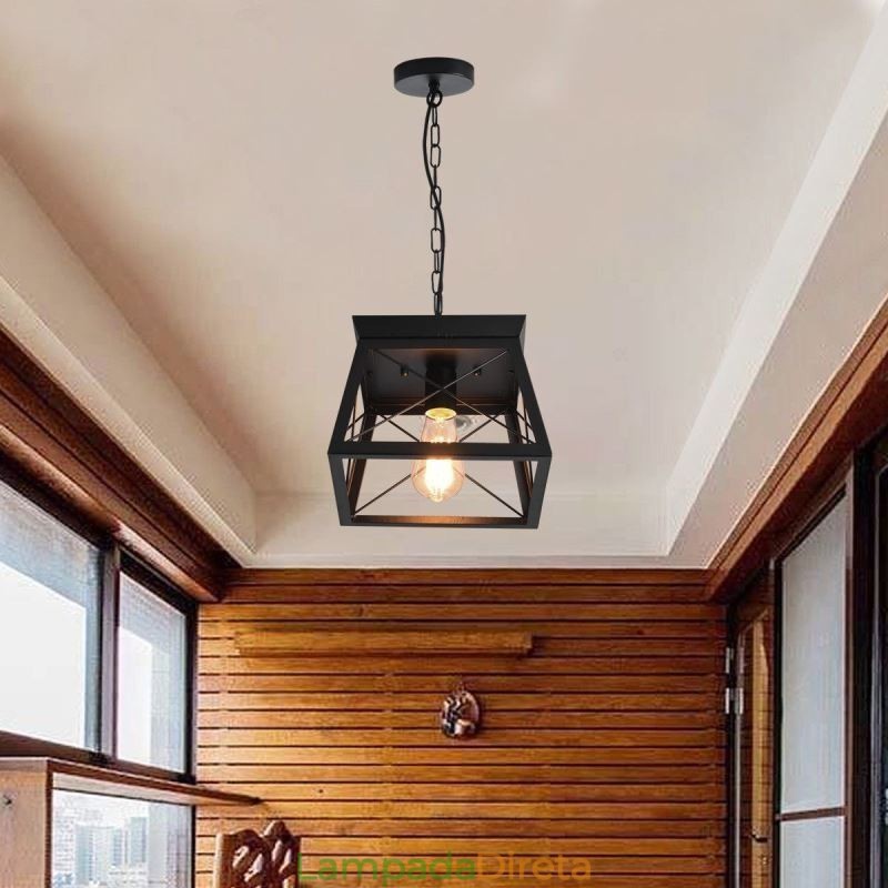 Luminária pendente trapezoidal vintage em metal preto, luminária de teto