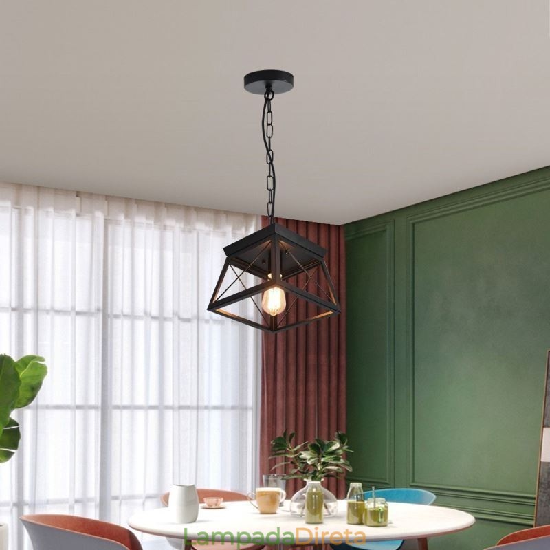 Luminária pendente trapezoidal vintage em metal preto, luminária de teto