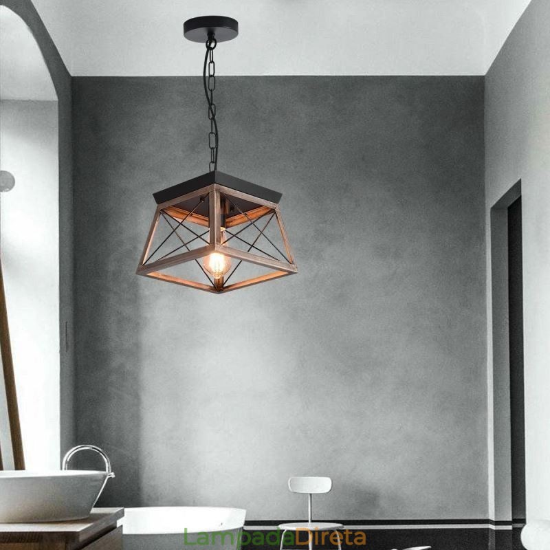 Luminária pendente trapezoidal vintage em metal preto