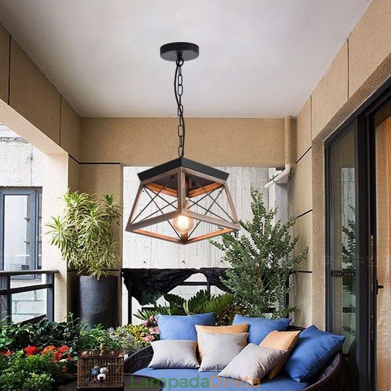 Luminária pendente trapezoidal vintage em metal preto