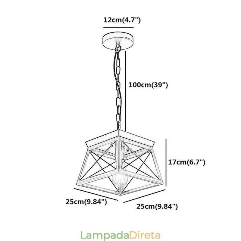 Luminária pendente trapezoidal vintage em metal preto