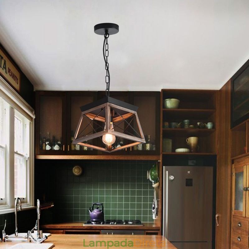 Luminária pendente trapezoidal vintage em metal preto