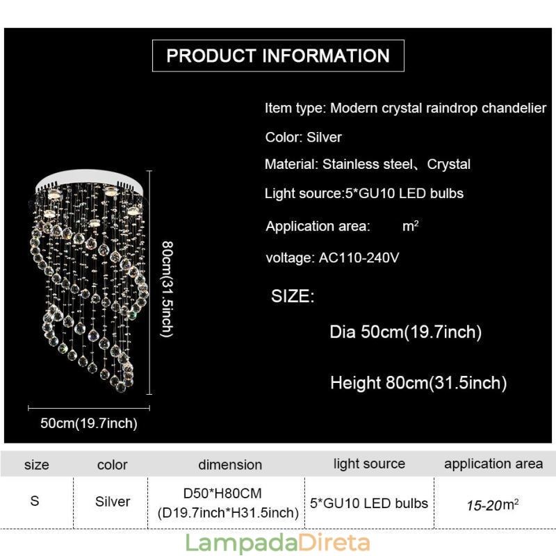 Lustre de cristal moderno redondo com luz de teto em forma de gota de chuva