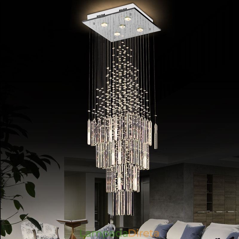 Lustre de cristal quadrado moderno Luminária de teto elegante contemporânea Escada duplex