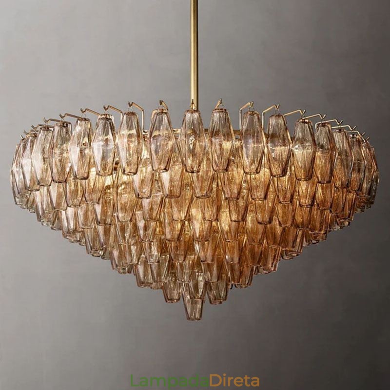 Luminária pendente americana de vidro, luminária de teto âmbar transparente, 90 cm, 14 luzes