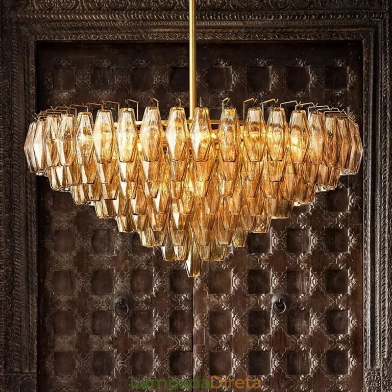 Luminária pendente americana de vidro, luminária de teto âmbar transparente, 90 cm, 14 luzes