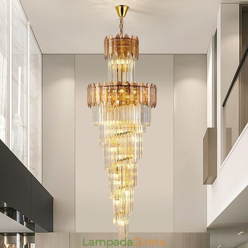 Luminária pendente de cristal cônica, luminária de teto decorativa duplex de luxo