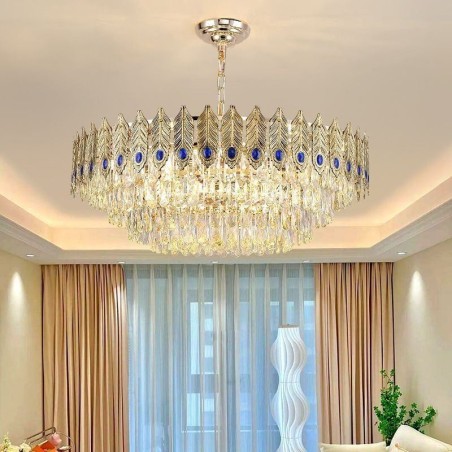 Pendente de Cristal Pena Dourada Duplex Luminária Decorativa de Teto Pendente de Cristal Pena Dourada Duplex Luminária Decorativa de Teto