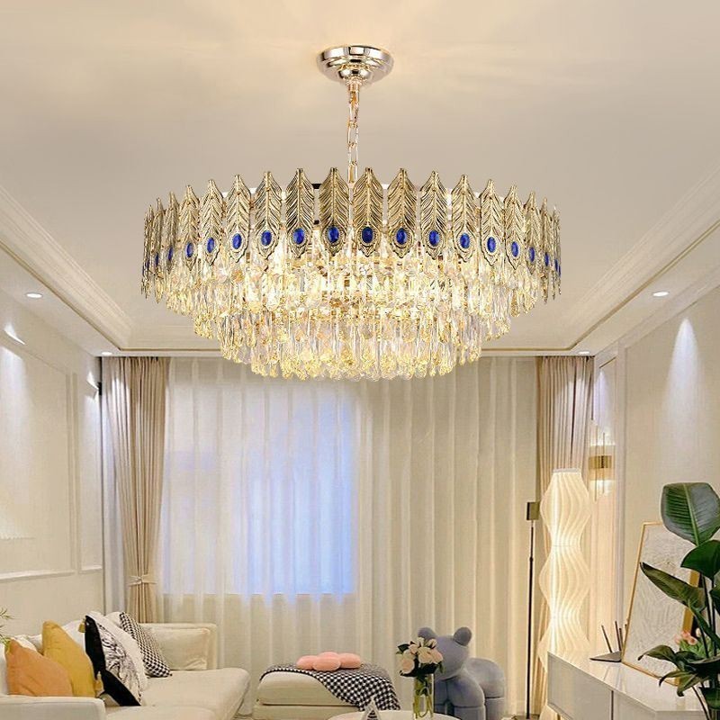 Pendente de Cristal Pena Dourada Duplex Luminária Decorativa de Teto