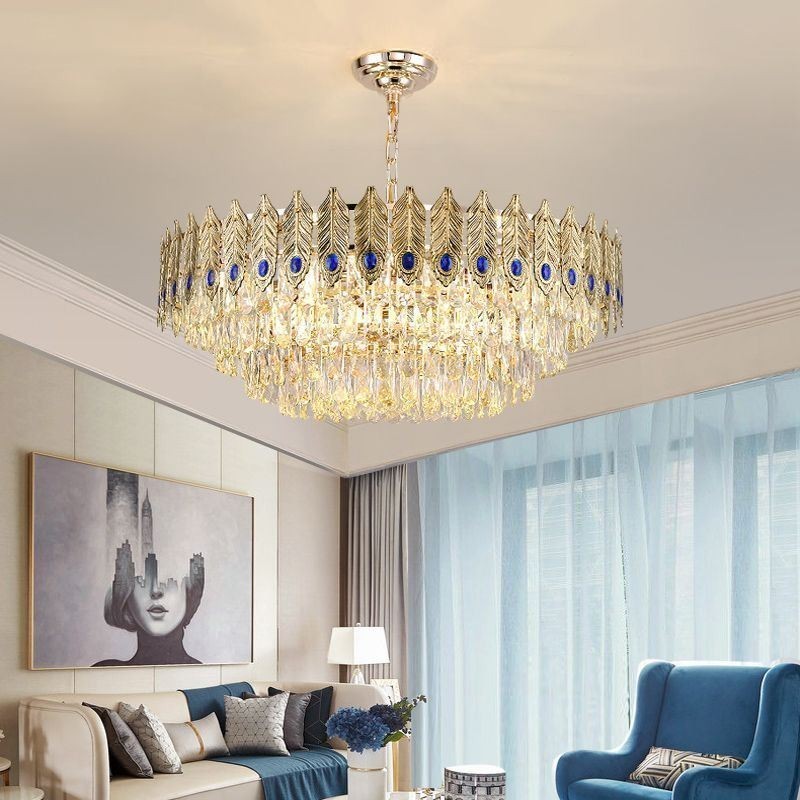 Pendente de Cristal Pena Dourada Duplex Luminária Decorativa de Teto