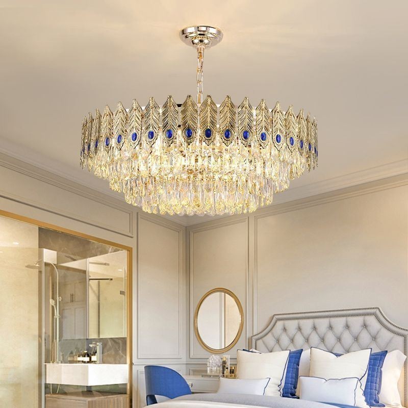 Pendente de Cristal Pena Dourada Duplex Luminária Decorativa de Teto